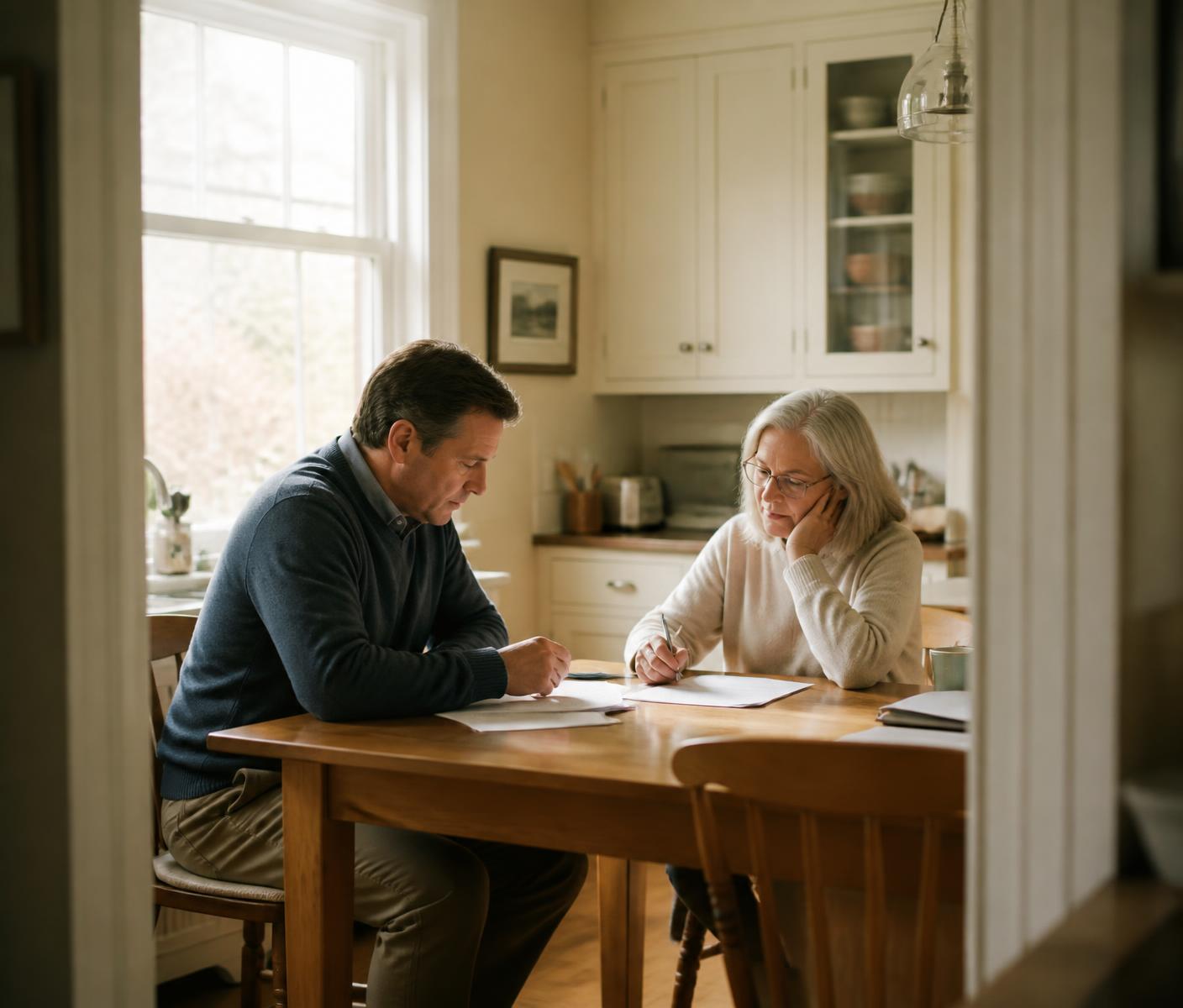 Homeowner and agent reviewing property paperwork at a kitchen table in a New England home