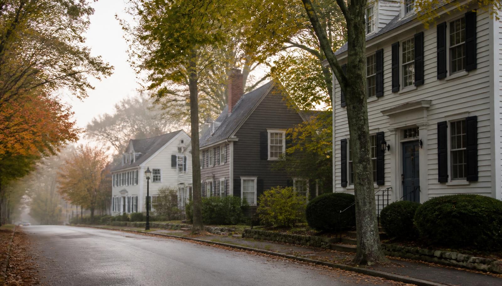 Tree-lined New England street of classic colonial homes on a misty morning